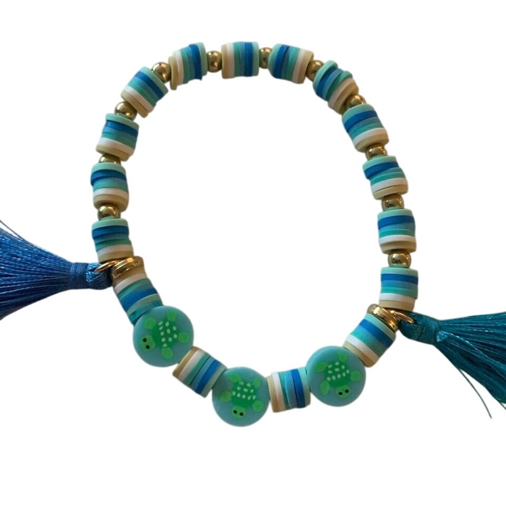 Handmade Beaded Bracelet Turtle Charms Tassel Accents Stretchy Fun Jewelry. Kids